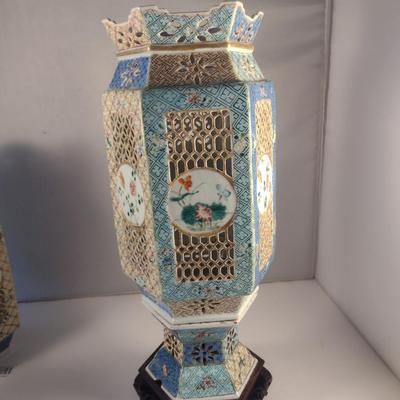 Pair of Antique Ceramic Chinese Wedding Lamps- Circa 1920's- Pierced Design with Wooden Bases