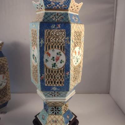 Pair of Antique Ceramic Chinese Wedding Lamps- Circa 1920's- Pierced Design with Wooden Bases