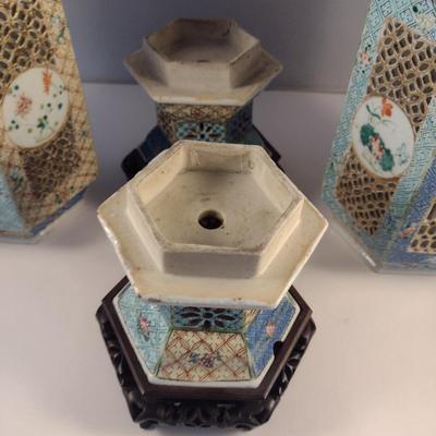 Pair of Antique Ceramic Chinese Wedding Lamps- Circa 1920's- Pierced Design with Wooden Bases