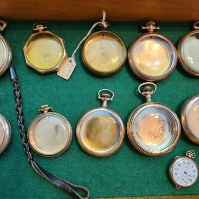 Lot of 17 Vintage Gold Tone Pocket Watches Cases j Boss, C.W.C., Wadsworth ,Waltham, Cashier A.W. C. Co., Majestic, Philadelphia