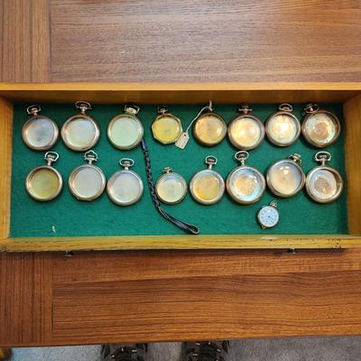 Lot of 17 Vintage Gold Tone Pocket Watches Cases j Boss, C.W.C., Wadsworth ,Waltham, Cashier A.W. C. Co., Majestic, Philadelphia