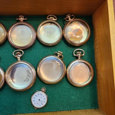 Lot of 17 Vintage Gold Tone Pocket Watches Cases j Boss, C.W.C., Wadsworth ,Waltham, Cashier A.W. C. Co., Majestic, Philadelphia