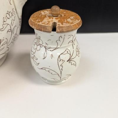 Sale Photo Thumbnail #728: Large White Floral Design Vessel With Matching Sugar Container