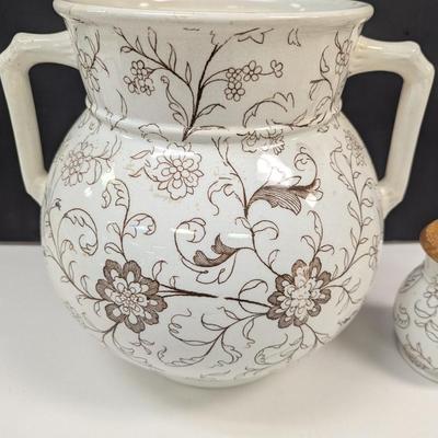 Sale Photo Thumbnail #727: Large White Floral Design Vessel With Matching Sugar Container