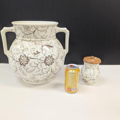 Sale Photo Thumbnail #735: Large White Floral Design Vessel With Matching Sugar Container