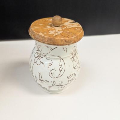 Sale Photo Thumbnail #733: Large White Floral Design Vessel With Matching Sugar Container