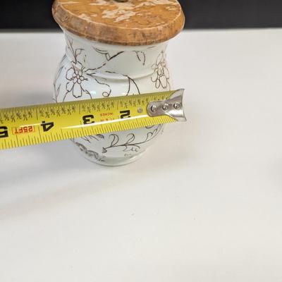 Sale Photo Thumbnail #737: Large White Floral Design Vessel With Matching Sugar Container