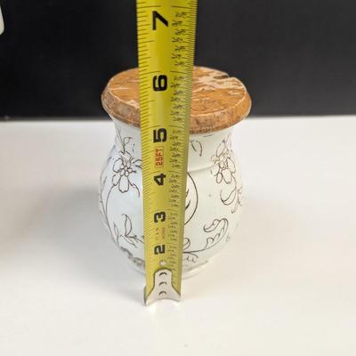 Sale Photo Thumbnail #736: Large White Floral Design Vessel With Matching Sugar Container