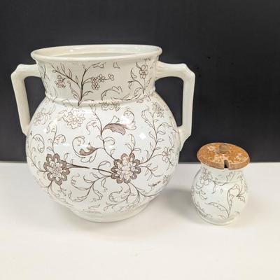 Sale Photo Thumbnail #726: Large White Floral Design Vessel With Matching Sugar Container