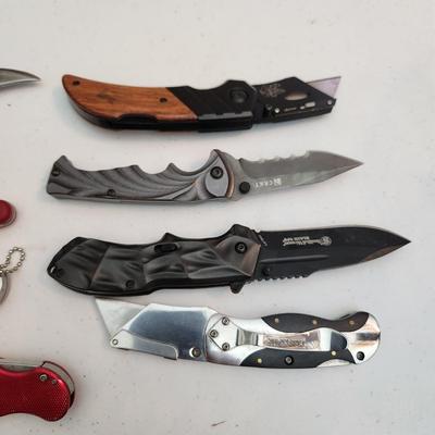 Collection of Knives, Camping Tool, Pocket Knives, Swiss Army, Smith & Wesson Folding Black Ops, CRKT , Craftsman