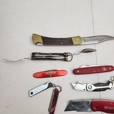 Collection of Knives, Camping Tool, Pocket Knives, Swiss Army, Smith & Wesson Folding Black Ops, CRKT , Craftsman