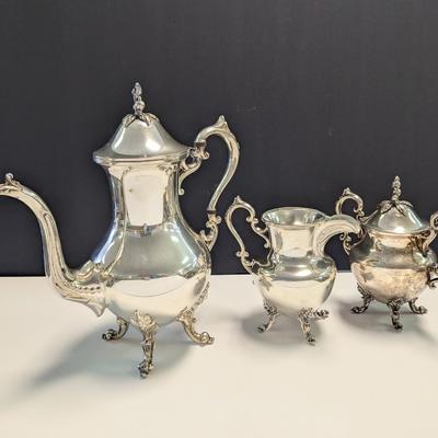 Sale Photo Thumbnail #2968: Marked Silver Plated Coffee, Creamer & Sugar Bowl