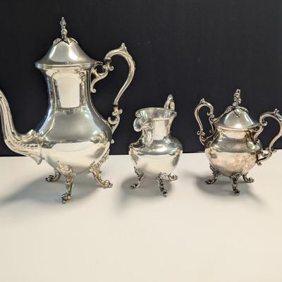 Sale Photo Thumbnail #2965: Marked Silver Plated Coffee, Creamer & Sugar Bowl