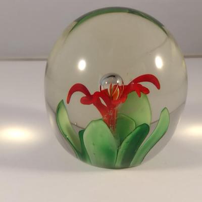 Art Glass Paperweight with Floral and Controlled Bubble Design