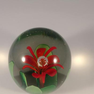 Art Glass Paperweight with Floral and Controlled Bubble Design