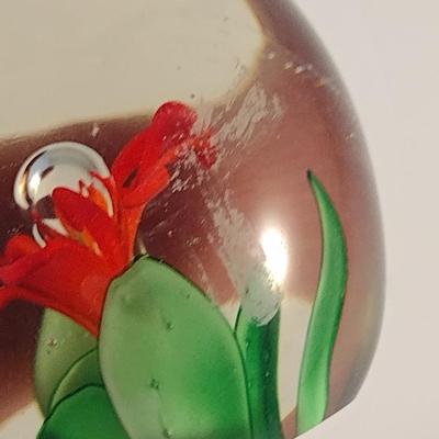 Art Glass Paperweight with Floral and Controlled Bubble Design