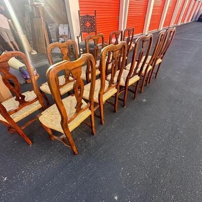 Sale Photo Thumbnail #11: Vintage Italian Venetian dining chairs with carved wood backs, graceful cabriole legs, and tightly woven rush seats—elegant yet relaxed for traditional or eclectic settings.
Origin: Made in Italy
Quantity: 10 chairs
Dimensions (each):
43" H (back) × 20
