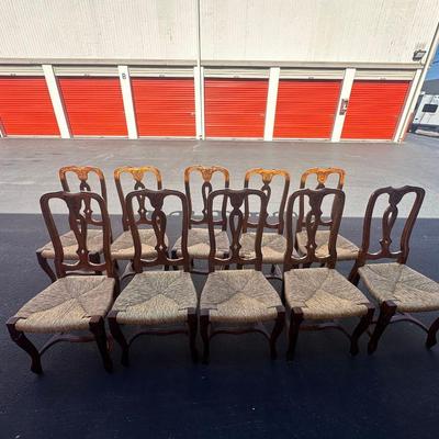 Sale Photo Thumbnail #12: Vintage Italian Venetian dining chairs with carved wood backs, graceful cabriole legs, and tightly woven rush seats—elegant yet relaxed for traditional or eclectic settings.
Origin: Made in Italy
Quantity: 10 chairs
Dimensions (each):
43" H (back) × 20