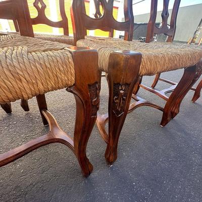 Sale Photo Thumbnail #17: Vintage Italian Venetian dining chairs with carved wood backs, graceful cabriole legs, and tightly woven rush seats—elegant yet relaxed for traditional or eclectic settings.
Origin: Made in Italy
Quantity: 10 chairs
Dimensions (each):
43" H (back) × 20