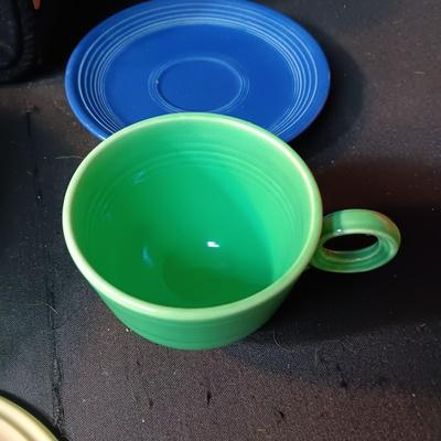 FIESTAWARE CUPS AND SAUCERS, COMPOTE, SERVING BOWL & 2 PINT JUG