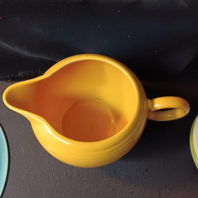 FIESTAWARE CUPS AND SAUCERS, COMPOTE, SERVING BOWL & 2 PINT JUG