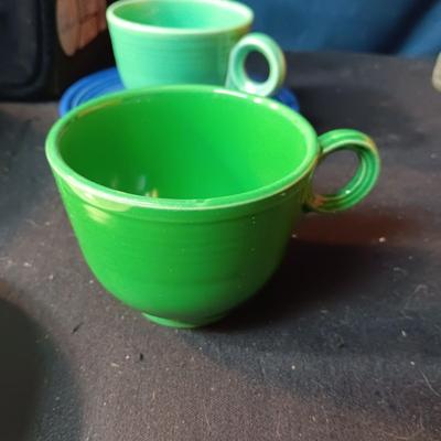 FIESTAWARE CUPS AND SAUCERS, COMPOTE, SERVING BOWL & 2 PINT JUG