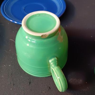 FIESTAWARE CUPS AND SAUCERS, COMPOTE, SERVING BOWL & 2 PINT JUG