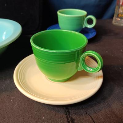 FIESTAWARE CUPS AND SAUCERS, COMPOTE, SERVING BOWL & 2 PINT JUG