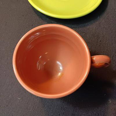 FIESTAWARE CUPS AND SAUCERS, COMPOTE, SERVING BOWL & 2 PINT JUG
