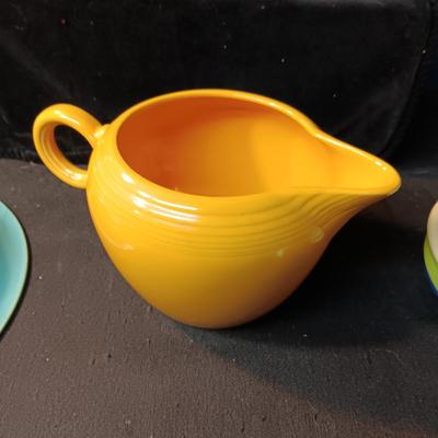 FIESTAWARE CUPS AND SAUCERS, COMPOTE, SERVING BOWL & 2 PINT JUG