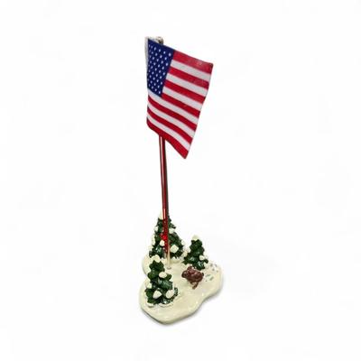 Sale Photo Thumbnail #322: Dept 56 Original Snow Village Flag Pole 51772 surrounded by snow covered trees and a rabbit.  No Chips.  Includes box and styrofoam packer.