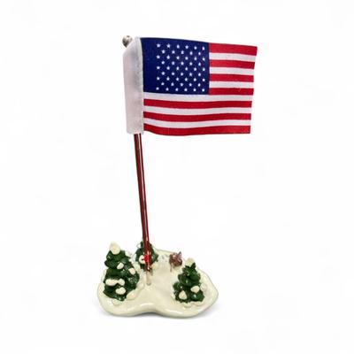 Sale Photo Thumbnail #323: Dept 56 Original Snow Village Flag Pole 51772 surrounded by snow covered trees and a rabbit.  No Chips.  Includes box and styrofoam packer.