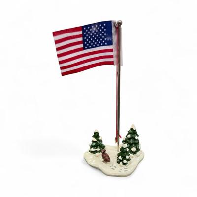 Sale Photo Thumbnail #325: Dept 56 Original Snow Village Flag Pole 51772 surrounded by snow covered trees and a rabbit.  No Chips.  Includes box and styrofoam packer.