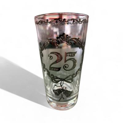 Sale Photo Thumbnail #347: Vintage Culver 25th Anniversary Glasses Set of 8.  These glasses, typically highball or tumbler style, feature decorative silver overlay patterns commemorating a 25th anniversary.  No Chips
