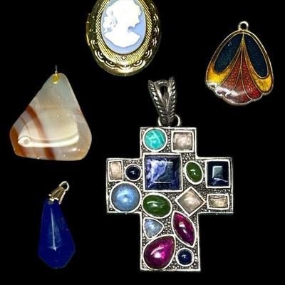 Cameo Locket, Polished Natural stone, Lapis Pendant, Enameled Art Deco Charm, Silver Tone Cross