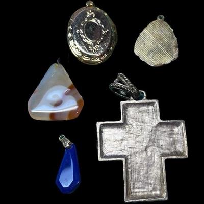 Cameo Locket, Polished Natural stone, Lapis Pendant, Enameled Art Deco Charm, Silver Tone Cross