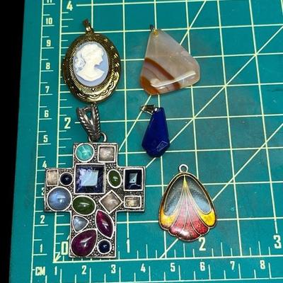 Cameo Locket, Polished Natural stone, Lapis Pendant, Enameled Art Deco Charm, Silver Tone Cross