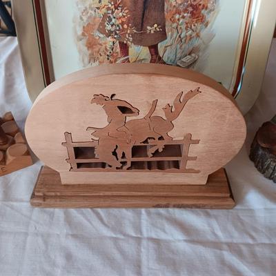 REMINGTON TIN TRAY, HAND CARVED COWBOYS, WOODEN BOX AND INLAID BUCKING BRONCO