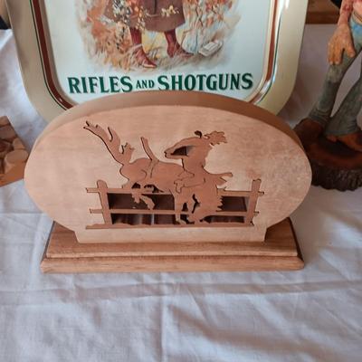 REMINGTON TIN TRAY, HAND CARVED COWBOYS, WOODEN BOX AND INLAID BUCKING BRONCO