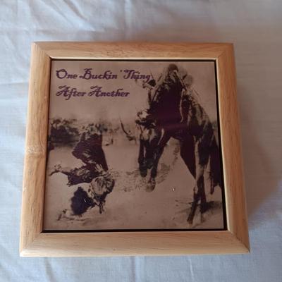 REMINGTON TIN TRAY, HAND CARVED COWBOYS, WOODEN BOX AND INLAID BUCKING BRONCO
