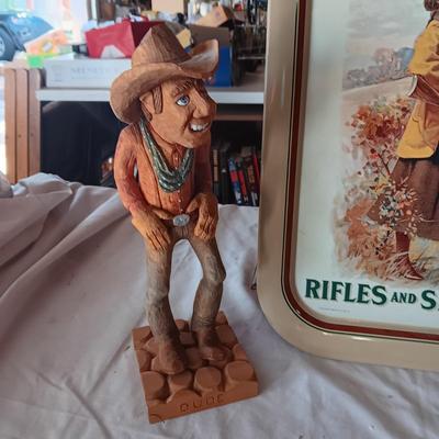 REMINGTON TIN TRAY, HAND CARVED COWBOYS, WOODEN BOX AND INLAID BUCKING BRONCO