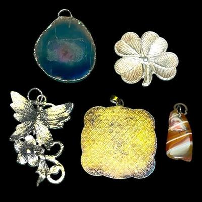 5 Misc, Charms & Pendants, Enamel Pendant, 4 Leaf Clover, Butterfly Pendant, Enameled Pendant, Polished Stone Charm