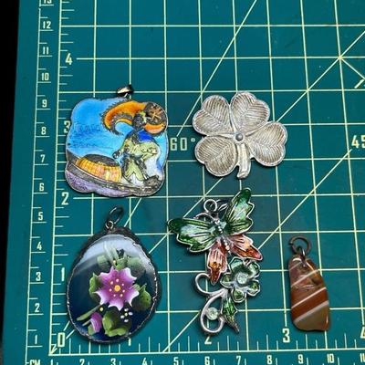 5 Misc, Charms & Pendants, Enamel Pendant, 4 Leaf Clover, Butterfly Pendant, Enameled Pendant, Polished Stone Charm