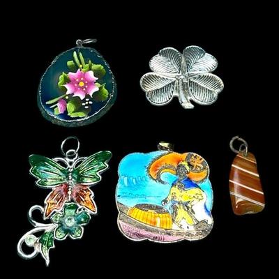 5 Misc, Charms & Pendants, Enamel Pendant, 4 Leaf Clover, Butterfly Pendant, Enameled Pendant, Polished Stone Charm