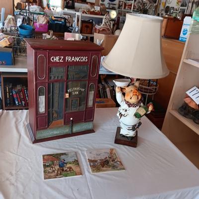 PARISIAN SPICE? CABINET W/SHELVES AND CHEF PIG LAMP PLUS 2 TILES