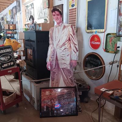 6 FOOT CARDBOARD FREE STANDING ELVIS PRESLEY AND A FRAMED ELVIS JIGSAW PUZZLE