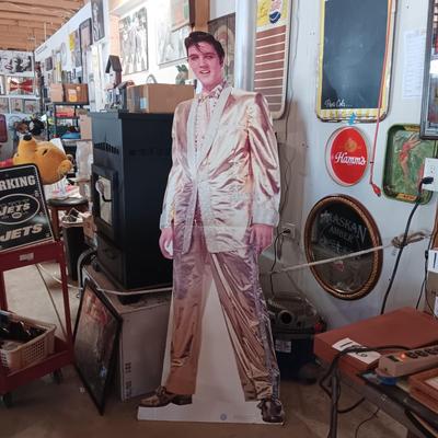 6 FOOT CARDBOARD FREE STANDING ELVIS PRESLEY AND A FRAMED ELVIS JIGSAW PUZZLE