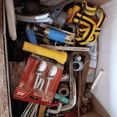 BOX FULL OF MISC HARDWARE, SMALL TOOLS, ETC (1)