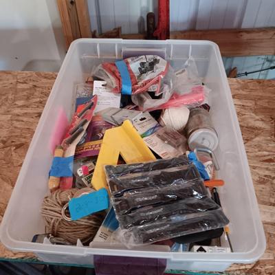 BOX FULL OF MISC HARDWARE, SMALL TOOLS, ETC (2)