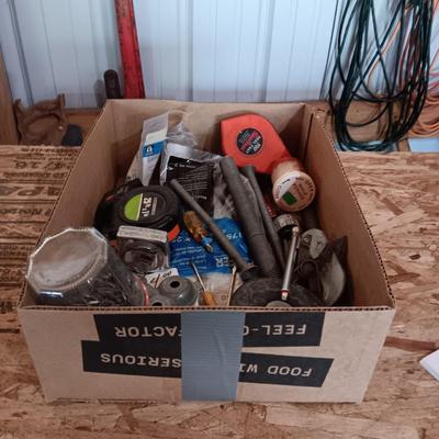 BOX FULL OF MISC HARDWARE, SMALL TOOLS, ETC (3)